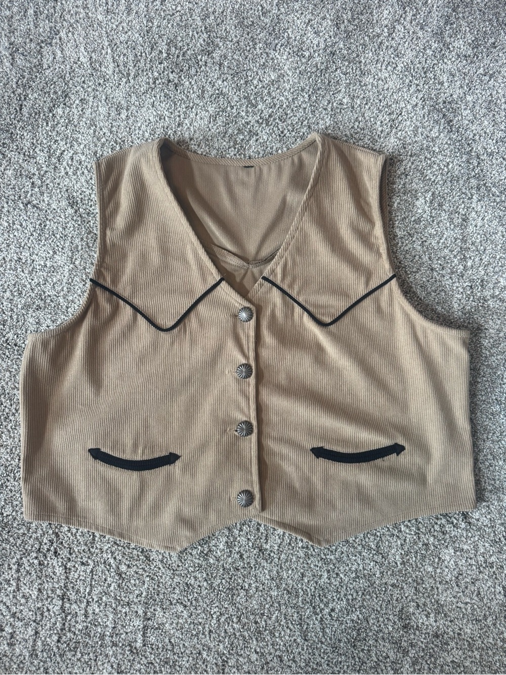 Women's Tan Corduroy Vest with Black Trim - Classic Layering Vest